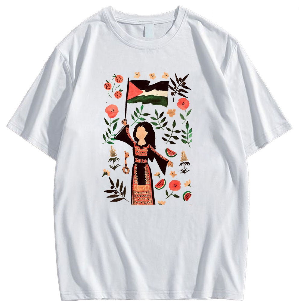 Camiseta con dibujo de mujer palestina