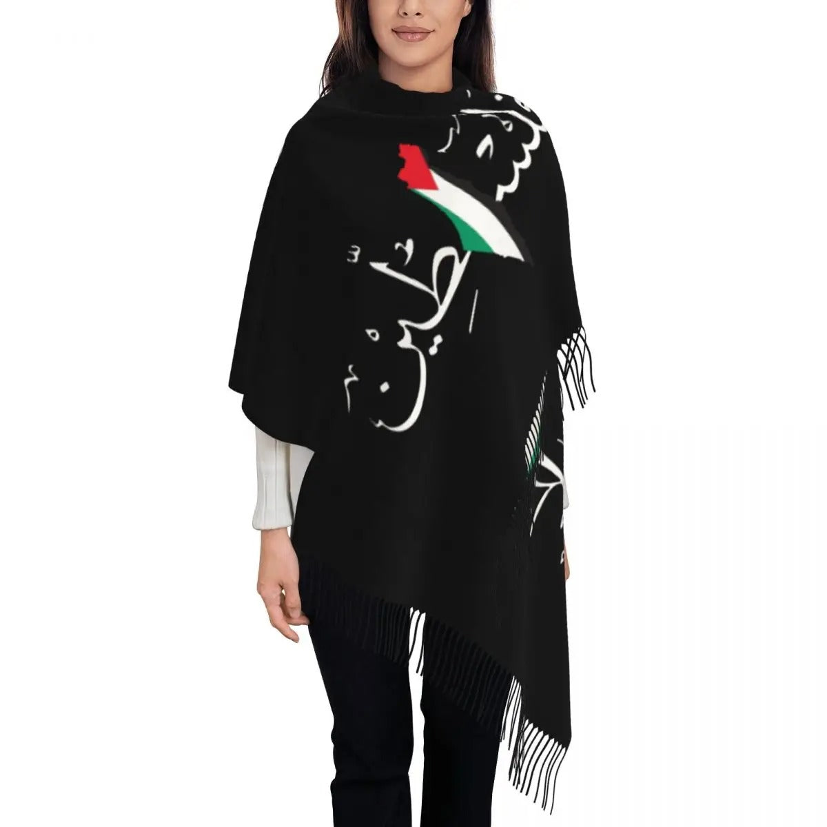 Black / 28 x 78 Inches (72 x 200 cm) Arabic Calligraphy of Palestine Shawl Wrap (Multiple Styles Available) | Project Palestine