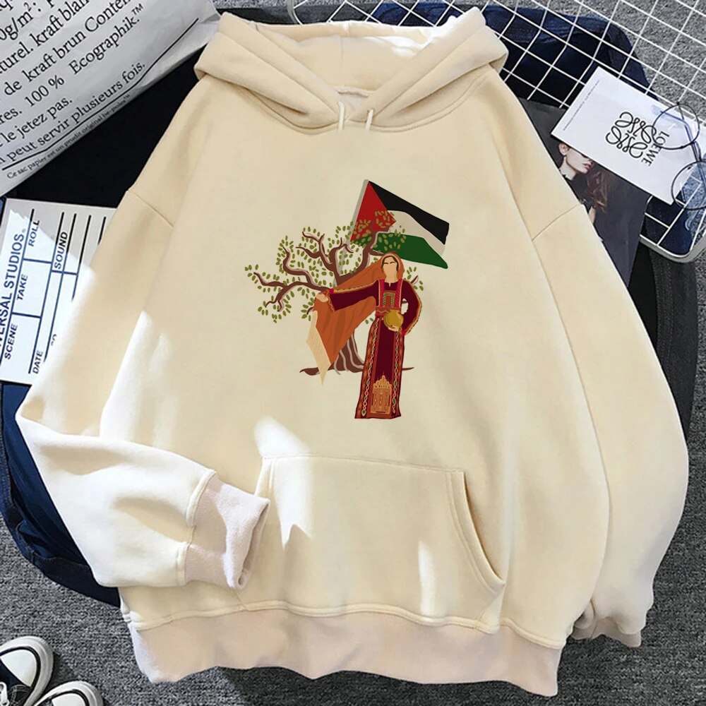 Lady & Flag / XS Cream Color Palestine-styled Hoodies (Multiple Designs Available) | Project Palestine